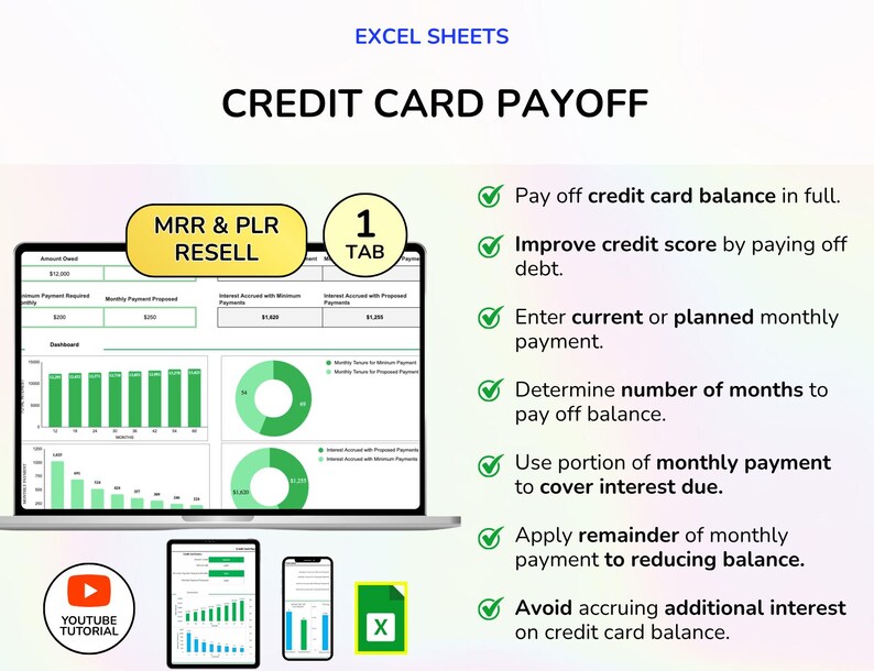 May include: A digital spreadsheet titled "Credit Card Payoff" displayed on a laptop, tablet, and smartphone. The spreadsheet includes charts and graphs, with the text "MRR & PLR RESELL" and "1 TAB". The image also includes a YouTube tutorial icon and an Excel file icon.