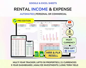 Plantilla de propiedad de alquiler PLR Hoja de cálculo para propietarios Seguimiento de ingresos y gastos Gestión inmobiliaria Contabilidad de alquileres MRR