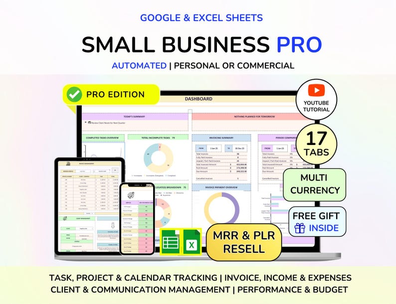 PLR Small Business CRM Dashboard Bookkeeping Tracker Task & Invoice Tracker Financial Planner Digital Product Digital Download MRR