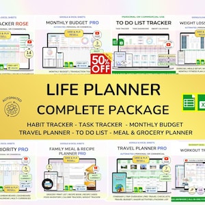 May include: A digital life planner complete package for Google Sheets and Excel featuring various automated trackers including habit, budget, to-do list, weight loss, task priority, family meal, and travel planners with multiple tabs and icons.