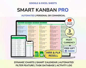 Tablero Kanban PLR, Hojas de cálculo Kanban de Google, Plantilla Kanban de Excel, Plantilla Kanban de Excel, Hojas de cálculo Kanban de Google