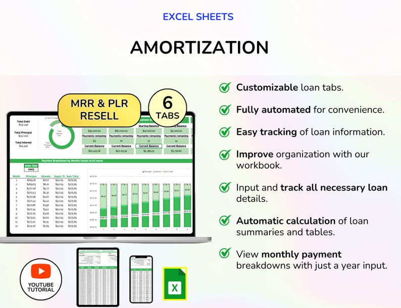 May include: A laptop screen displays an amortization schedule with green and white data visualizations. The image includes the text "Excel Sheets" and "Amortization." Additional devices show the same data. Features include customizable loan tabs and automatic calculations.