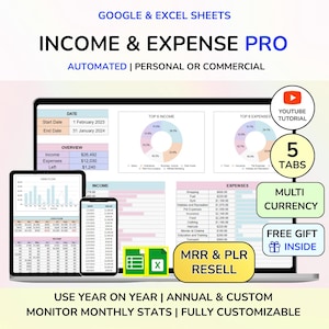 PLR Hoja de Cálculo de Seguimiento de Ingresos y Gastos Excel Planificador Financiero Personal Hoja de Cálculo Excel Plantilla