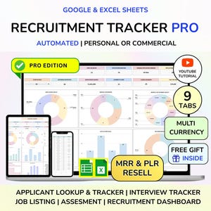 PLR Recruitment Tracker Spreadsheet Hiring Tracker Excel Recruiter Job Applicant Tracking System Tracker Recruiting Planner MRR