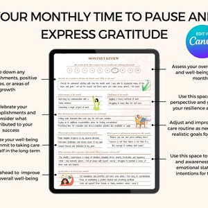 May include: A digital printable worksheet with the title "Your Monthly Time to Pause and Express Gratitude" on a tablet screen. The worksheet is divided into sections with prompts for reflection and goal setting. The worksheet includes a rating scale, a section for listing accomplishments, and a section for setting intentions for the future.