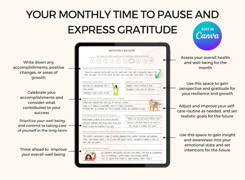 May include: A digital printable worksheet with the title "Your Monthly Time to Pause and Express Gratitude" on a tablet screen. The worksheet is divided into sections with prompts for reflection and goal setting. The worksheet includes a rating scale, a section for listing accomplishments, and a section for setting intentions for the future.