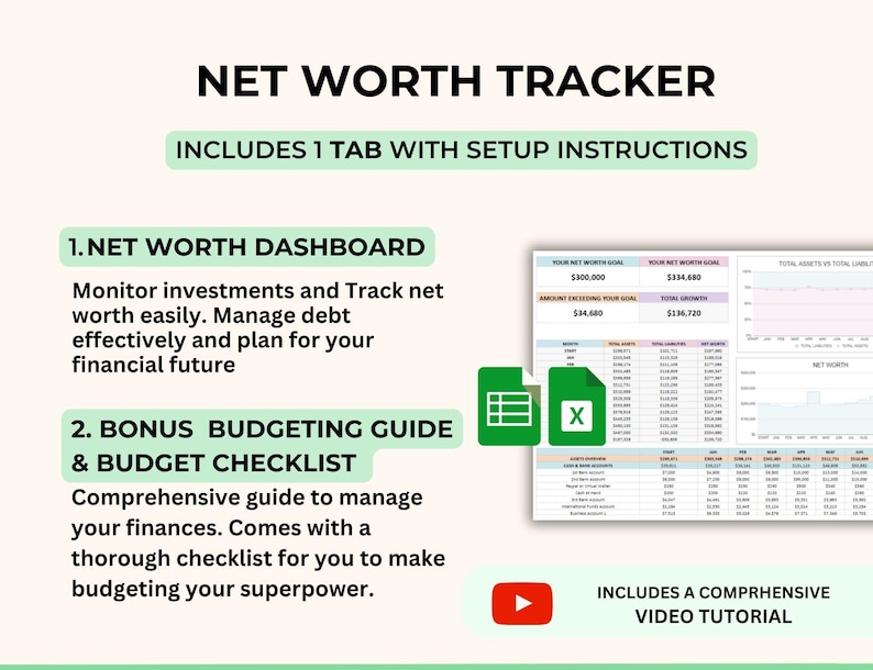 Net Worth Tracker Spreadsheet, Google Sheets, Excel, Net Worth Calculator, Dashboard, Assets & Liabilities Template, Personal Finance Planner