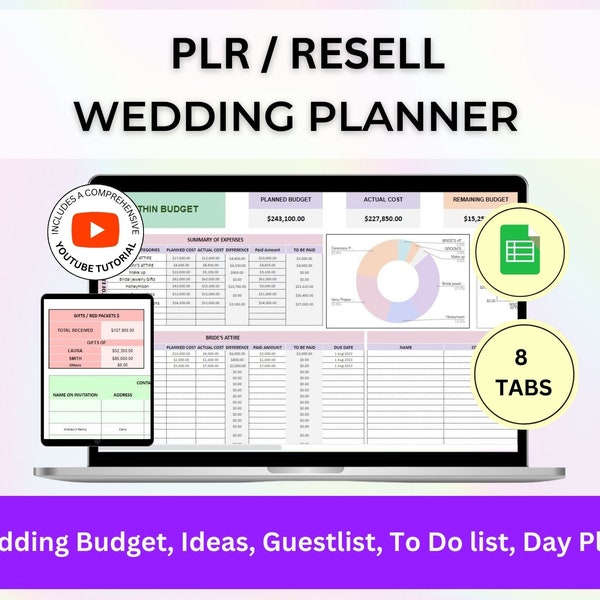 MRR PLR Ultimate Wedding Planner Digital Template Google Sheets,  Editable Wedding Itinerary, Master Resale Rights PLR Google Spreadsheet
