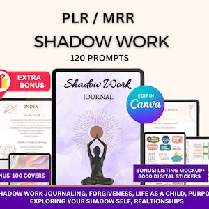 Puede incluir: Una maqueta de producto digital para un diario de trabajo de sombras con 120 indicaciones. La portada del diario presenta un fondo morado y blanco con una silueta de una persona meditando. La maqueta incluye un bono de 100 portadas y 6.000 pegatinas digitales. El texto "Shadow Work Journaling, Forgiveness, Life as a Child, Purpose, Exploring Your Shadow Self, Relationships" se muestra en la parte inferior de la imagen.