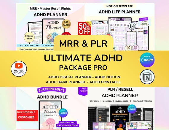 PLR Adhd Resell PLR MRR planner Neurodivergent Planner Attenten Deficit planner Digital Planner Bundle Plr Productivity planner