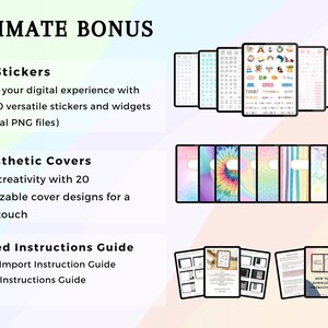 May include: Digital planner bonus pack with 1800 stickers and widgets, 20 aesthetic covers, and a detailed instructions guide. The image shows various digital planner elements, including sticker sets and cover designs.