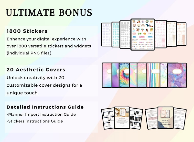 May include: Digital planner bonus pack with 1800 stickers and widgets, 20 aesthetic covers, and a detailed instructions guide. The image shows various digital planner elements, including sticker sets and cover designs.