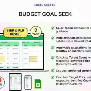 May include: A laptop screen displaying an Excel spreadsheet titled "Budget Goal Seek." The spreadsheet shows a budget table with price, count, and budget columns. Additional screens and icons for YouTube tutorial and Excel are also visible.