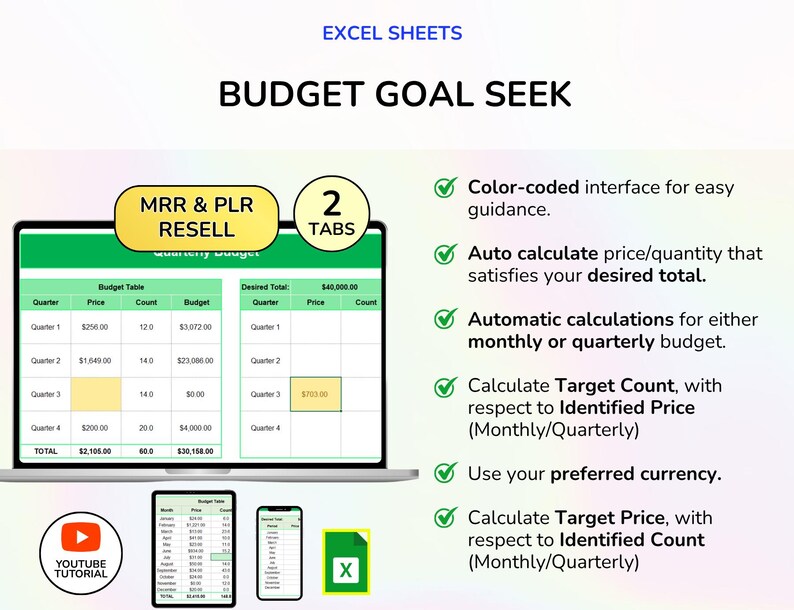 May include: A laptop screen displaying an Excel spreadsheet titled "Budget Goal Seek." The spreadsheet shows a budget table with price, count, and budget columns. Additional screens and icons for YouTube tutorial and Excel are also visible.