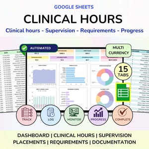 May include: A Google Sheets clinical hours tracker dashboard featuring data tables, bar charts, and pie charts. Text includes "CLINICAL HOURS", "AUTOMATED", "MULTI CURRENCY", "15 TABS", "TRACK", "LOG", "MONITOR", "PROGRESS", "COMPLETE", and "DASHBOARD".