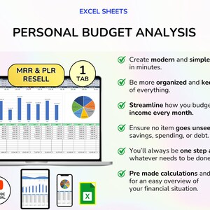 May include: A laptop displaying a personal budget analysis spreadsheet, with charts and graphs. The image includes the text "EXCEL SHEETS" and "PERSONAL BUDGET ANALYSIS". Additional devices show the budget on a tablet and smartphone. The image also includes the text "MRR & PLR RESELL" and "1 TAB".
