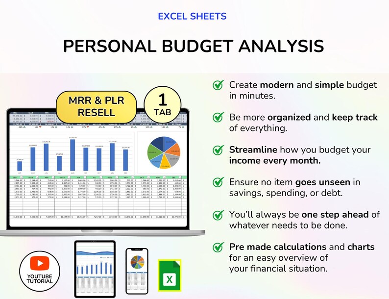 May include: A laptop displaying a personal budget analysis spreadsheet, with charts and graphs. The image includes the text "EXCEL SHEETS" and "PERSONAL BUDGET ANALYSIS". Additional devices show the budget on a tablet and smartphone. The image also includes the text "MRR & PLR RESELL" and "1 TAB".