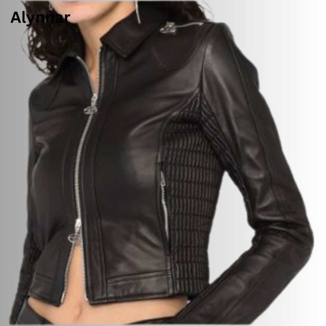 Saskia Cropped Smock Black Leather Biker Jacket for Women Etsy