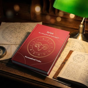 May include: A red book titled "Aries" with gold lettering and zodiac symbols, resting on a wooden desk with vintage maps and a compass. A green desk lamp illuminates the scene, suggesting a theme of astrology and personalized gifts.