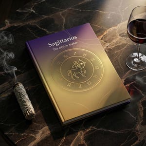 May include: A book titled "Sagittarius The Divine Archer" with a gold and purple cover, featuring a zodiac symbol. A glass of red wine and a burning sage bundle are also on the table. The book is a guide to astrology.