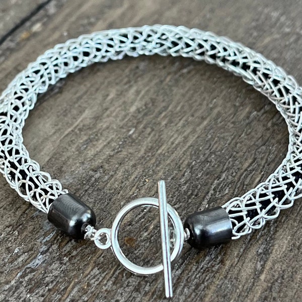 Silver Single Knit Viking Weave Bracelet With Colored Cord