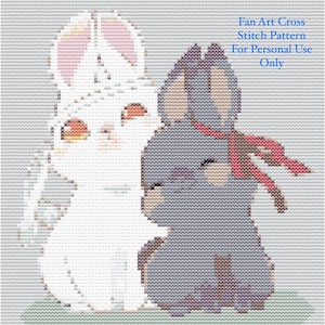 May include: Cross-stitch pattern featuring two cartoon rabbits. One is white with pink ears, the other is gray with a red scarf. The text reads "Fan Art Cross Stitch Pattern For Personal Use Only".