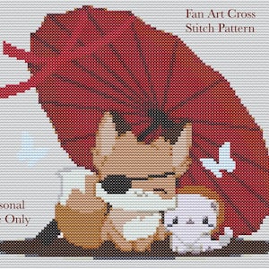 Puede incluir: Patrón de punto de cruz que presenta un zorro de dibujos animados con parche en el ojo y gafas de sol, bajo un gran paraguas rojo. Una pequeña criatura blanca está al lado del zorro. El texto dice "Fan Art Cross Stitch Pattern" y "For Personal Use Only."