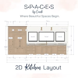 May include: A 2D kitchen layout design plan by S.P.A.C.E.S by Candi, Where Beautiful Spaces Begin. The technical drawing displays light wood cabinetry, an integrated fridge, a pantry, windows, and countertops with detailed imperial measurements.