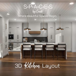 Peut inclure: Un aménagement de cuisine 3D avec des armoires blanches, une hotte en bois et un îlot central avec quatre tabourets à coussins blancs. Trois suspensions éclairent l'îlot. Texte : S·P·A·C·E·S by Candi Where Beautiful Spaces Begin. 3D Kitchen Layout.
