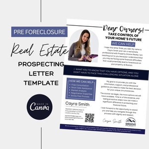 Puede incluir: Una plantilla de carta de prospección inmobiliaria previa a la ejecución hipotecaria en azul y blanco con el texto "¡Estimados propietarios! Tomen el control del futuro de su hogar" y "Podemos ayudar". La plantilla incluye una foto de una mujer sosteniendo una tableta y un código QR.