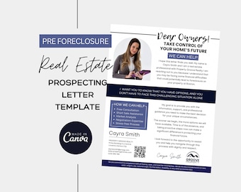 May include: A blue and white pre-foreclosure real estate prospecting letter template with the text "Dear Owners! Take Control of Your Home's Future" and "We Can Help". The template includes a photo of a woman holding a tablet and a QR code.