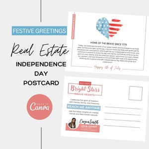 bens imobiliários 4o do Dia da Independência de JULHO Cartão Postal | Modelo de cartão de verão | Mailer do cartão postal do corretor de imóveis | Modelo Canva | Download instantâneo