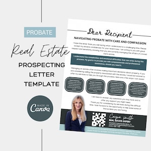 May include: A letter template for real estate agents to use when prospecting clients who are navigating probate. The letter is written in a compassionate tone and offers to help with the process. The letter includes a photo of a woman, the text "Dear Recipient", and the text "Navigating Probate with Care and Compassion".