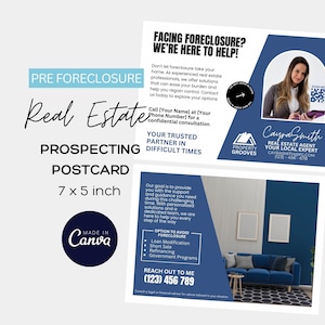 Puede incluir: Una postal azul y blanca con el texto "Facing Foreclosure? We're Here to Help!" y "Pre Foreclosure Real Estate Prospecting Postcard 7 x 5 inch"  Una foto de una mujer con una camisa azul y una blusa blanca está en la esquina superior derecha. El texto "Call [Your Name] at [Your Phone Number] for a confidential consultation" está en el centro de la postal. El texto "Your Trusted Partner in Difficult Times" está debajo del número de teléfono. El texto "Option to Avoid Foreclosure" está en la esquina inferior izquierda. El texto "Reach Out to Me (123) 456 789" está en la esquina inferior derecha.