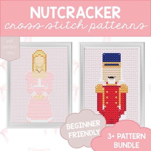 Könnte beinhalten: Zwei gerahmte Kreuzstichmuster von Nussknackern. Eines ist ein rosa-goldener Engel, das andere ein rot-gold-blauer Soldat. Der Text lautet "NUTCRACKER cross stitch patterns", "pdf pattern only", "Beginner Friendly" und "3+ Pattern Bundle".