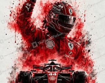 May include: A poster featuring Lewis Hamilton in a red racing suit and helmet with the number 44, raising a fist. Below, a red Formula 1 car with the number 44 is displayed. The artwork uses a red and black watercolor splatter effect on white.