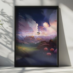 Può includere: Una stampa d'arte digitale incorniciata che raffigura un paesaggio con un piccolo drago che vola verso una luna luminosa in un cielo nuvoloso. La scena presenta un primo piano erboso con fiori rosa, un terreno roccioso e una montagna in lontananza.
