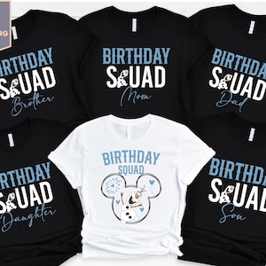 a bunch of shirts that say birthday squad