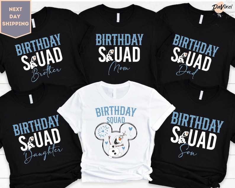 a bunch of shirts that say birthday squad
