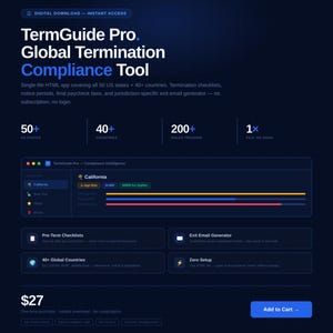 May include: A digital product page for TermGuide Pro, a global termination compliance tool. The dark blue interface displays features like pre-term checklists, an exit email generator, and jurisdiction-specific data for 50 US states and 40 countries.
