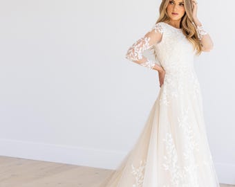 A-line Wedding Dress with sleeves and high neckline Timeless Modest Lace Custom Gown with a glitter tulle skirt made to order| Hazel dress