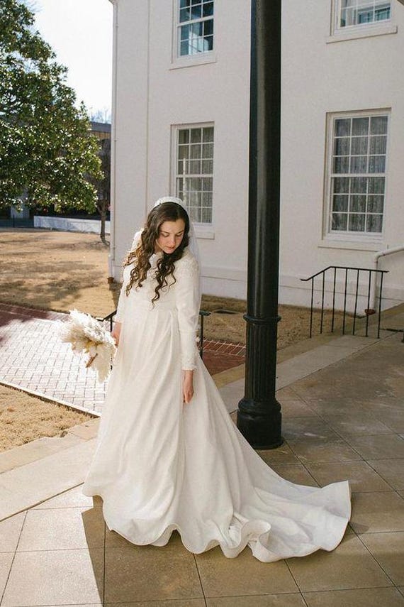 Modest A-line Crepe wedding dress with long sleeves| Emma dress