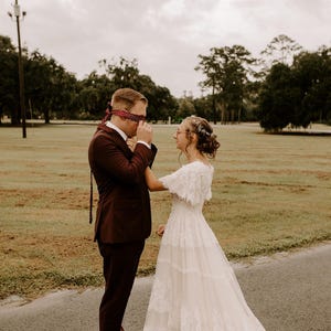 Romantic Modest Lace Wedding Dress for Boho Brides A-Line dress with Flutter Sleeves Whimsical Custom Gown Vintage Wedding Dress image 9