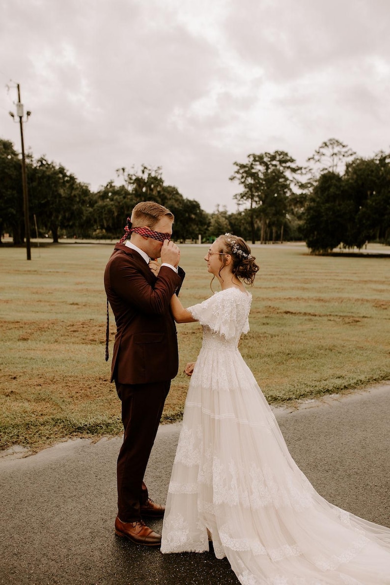 Romantic Modest Lace Wedding Dress for Boho Brides A-Line dress with Flutter Sleeves Whimsical Custom Gown Vintage Wedding Dress image 9