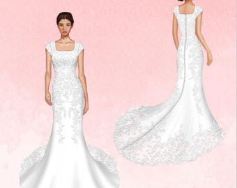 Custom order for Annie| Modest fitted wedding dress with short sleeves and modest square neckline| see the sketch