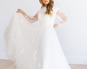 Modest A-line wedding dress with lace| Rose dress