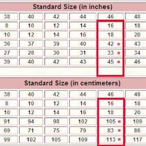 May include: A size chart for women's clothing, with measurements in inches and centimeters. The chart shows the corresponding sizes for Europe, US, and UK sizing. The chart is divided into four rows: Europe size no., US size no., UK size no., Bust, Waist, and Hip. The chart is on a pink background with white text.