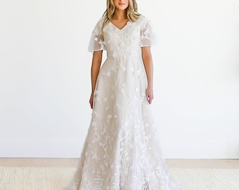 Modest Elegant A-line Wedding Dress with 3D lace| with Flatter sleeves - FLOOR SAMPLE