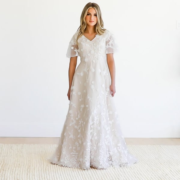 Modest Elegant A-line Wedding Dress with 3D lace| with Flatter sleeves - FLOOR SAMPLE