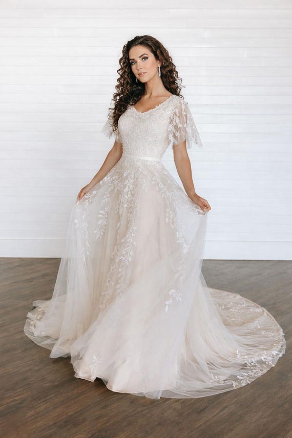 A-line Wedding Dress With Sleeves and High Neckline Timeless Modest Lace Custom Gown With Tulle Skirt Made to Order | Allie Dress